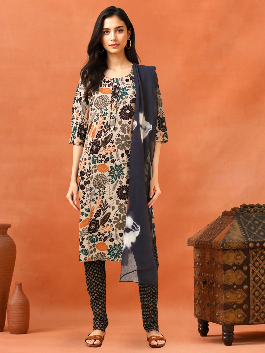 Picture of Garden-Inspired Ethnic Ease Printed Straight kurta with Pant & Dupatta Set